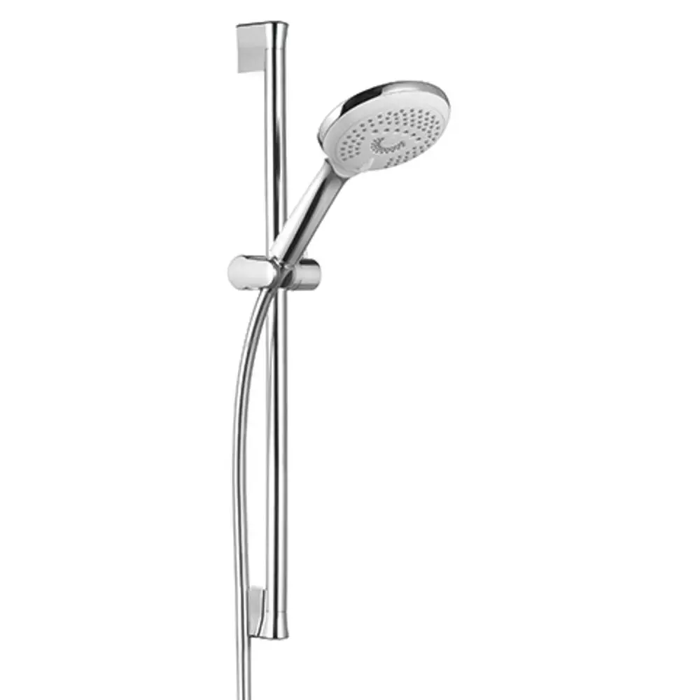 Brause-Set von Kludi mit Handbrause, verstellbarem Halter und Schlauch, in Chromoptik, montiert an einer vertikalen Halterung.